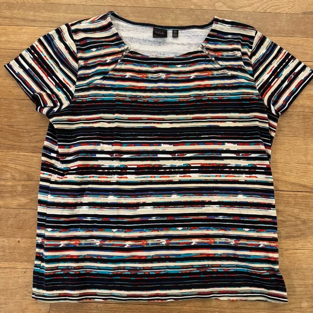 Rafaella red black blue white striped ball bearing accent blouse T-shirt XL
b66